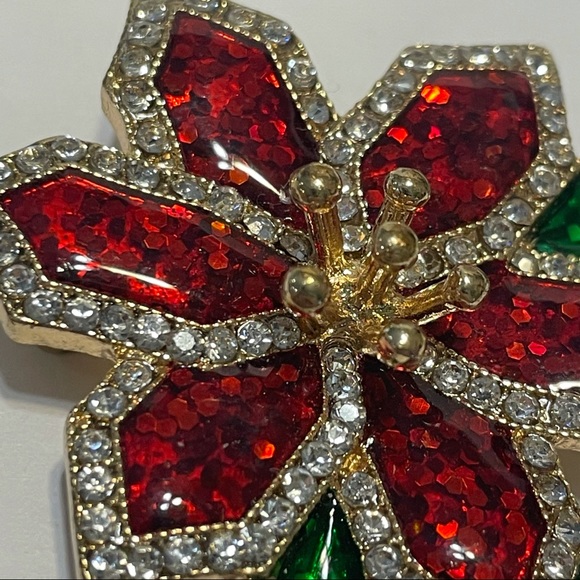 Poinsettia rhinestone encrusted pin pendant enamel Christmas flower - Picture 5 of 7